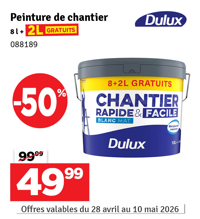 Peinture pour murs et plafonds Chantier Rapide & Facile blanc mat 8 L + 2 L GRATUIT DULUX